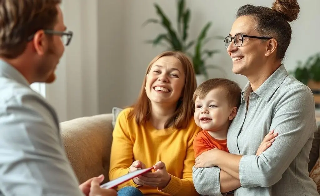 A relieved family talking to an insurance agent.