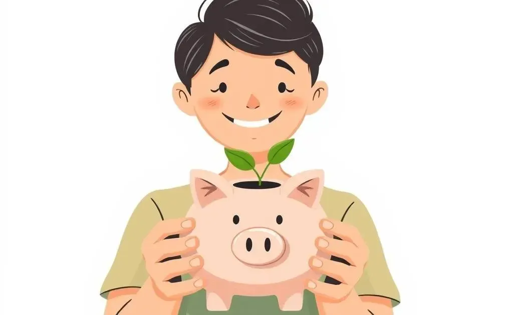 Illustration of a smiling person holding a piggy bank with a small plant growing out of it, symbolizing growth