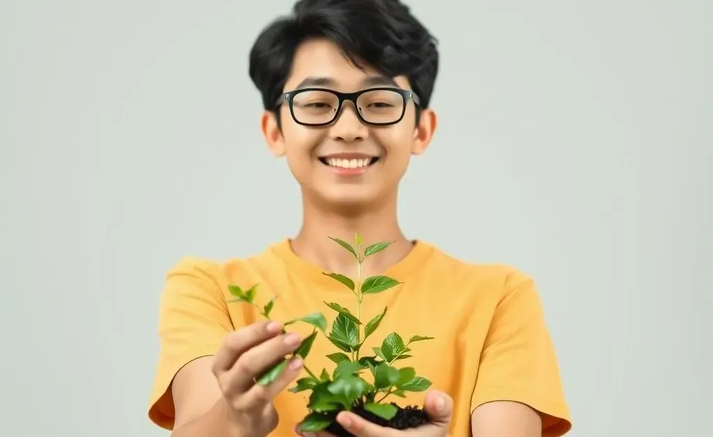 A content person holding a plant symbolizing financial growth.