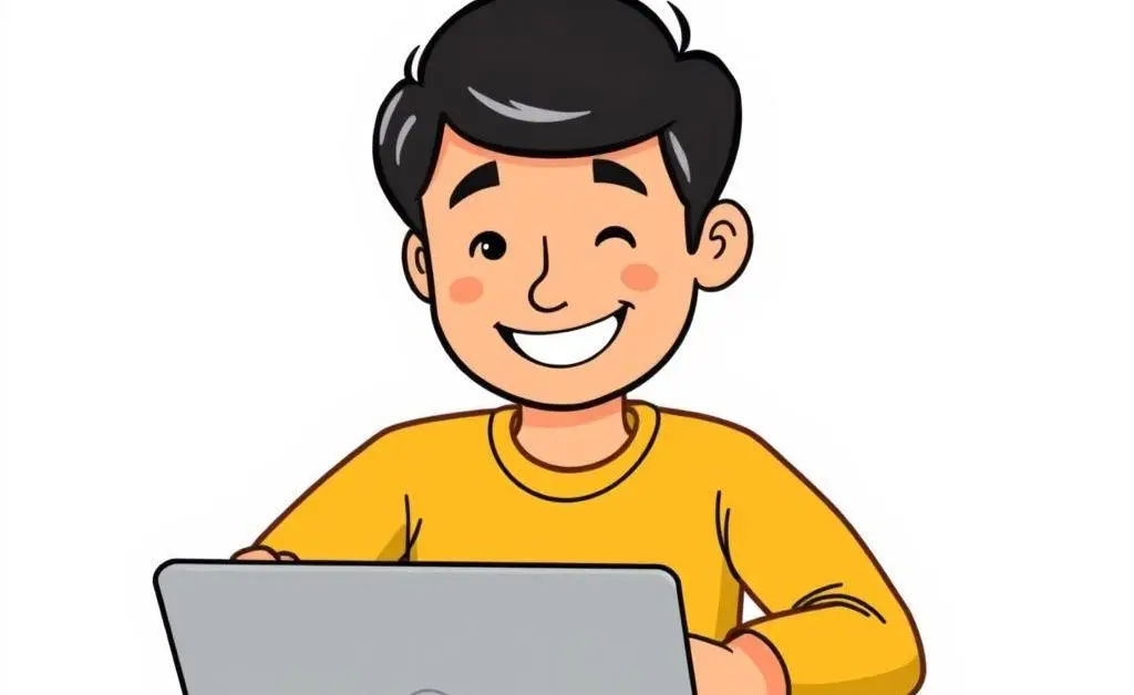 A cartoon person smiling as they check their growing portfolio on a laptop.