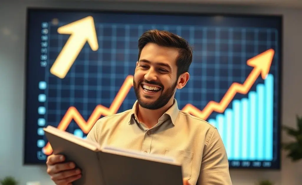 An investor joyfully reviewing their portfolio with a rising arrow chart in the background.