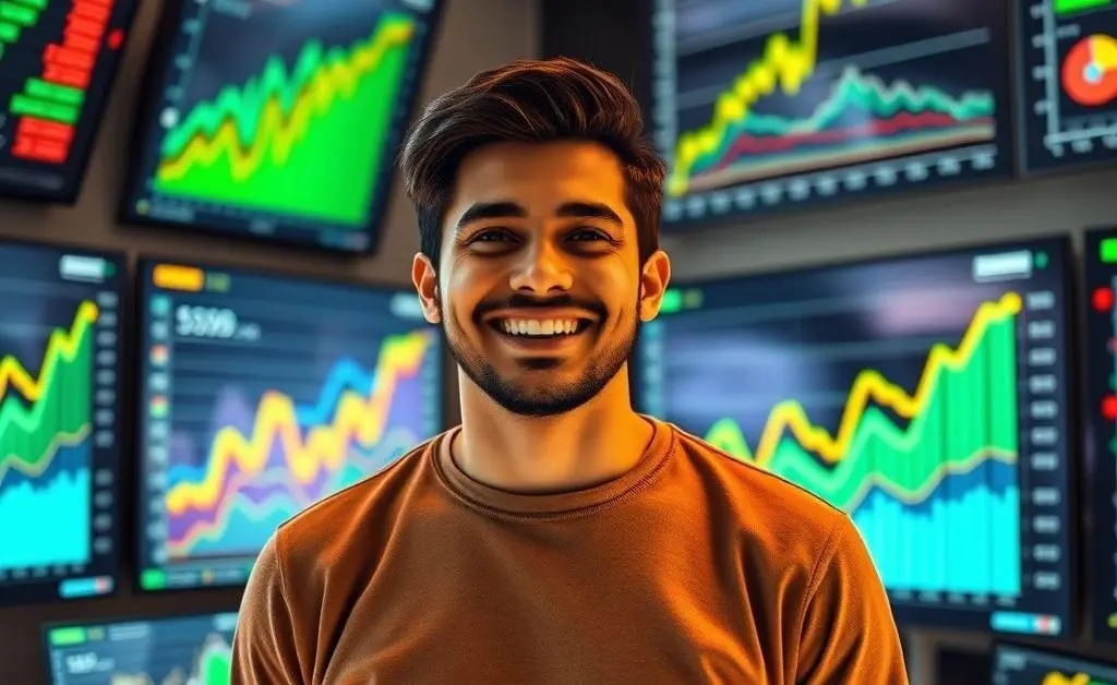 A smiling person surrounded by positive investment charts and data.