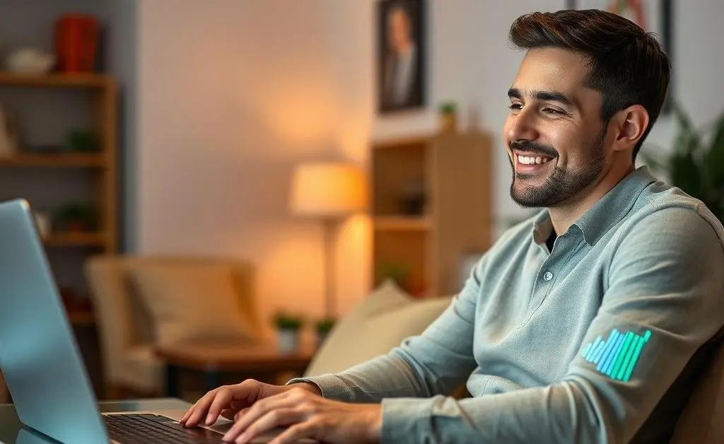 A relaxed person smiling while reviewing financial charts on their laptop