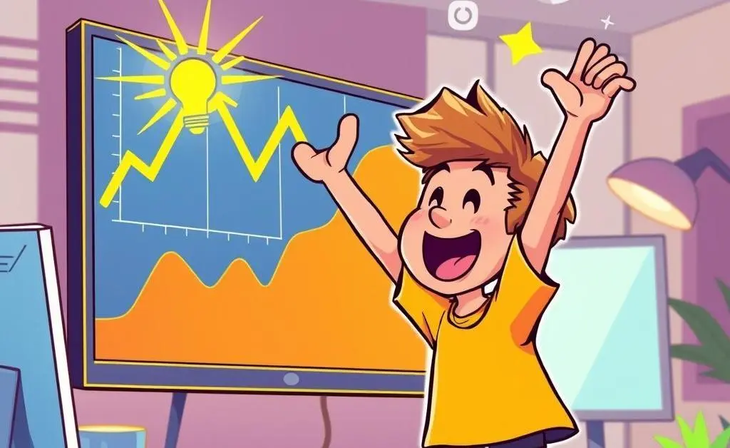 Happy investor cheering at a rising graph