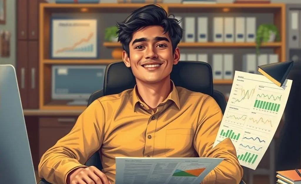 A person at a desk surrounded by investment charts, looking content