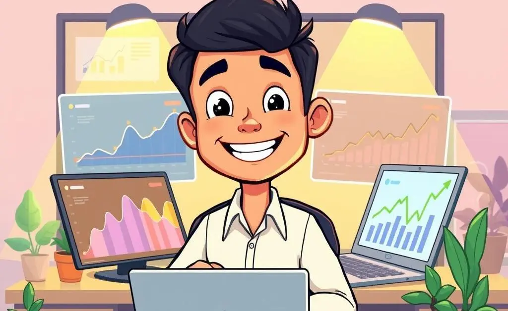 Investor looking pleased at their desk