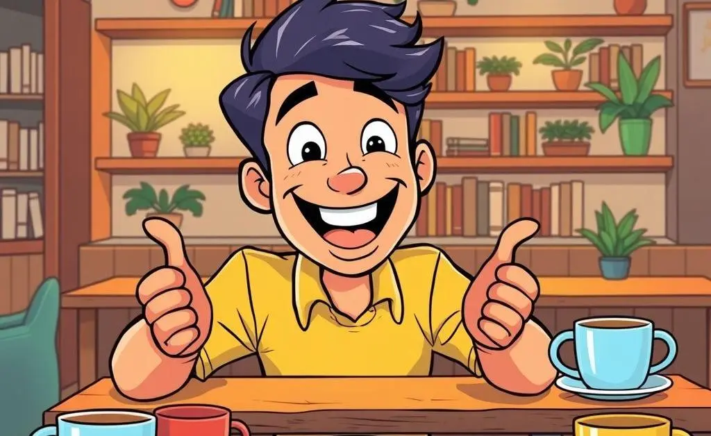 A cartoon-style scene of a cheerful person discussing investment strategies in a cafe