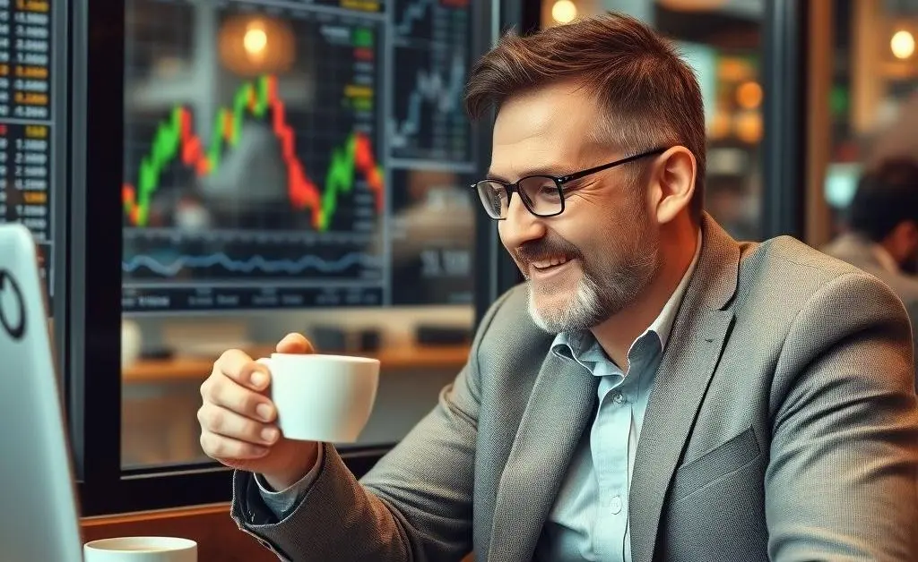 An investor enjoying a coffee at a cafe, looking at stock market charts with satisfaction.