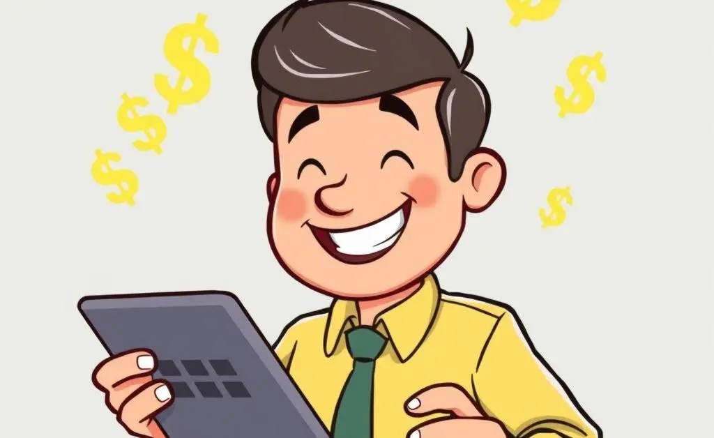 Cartoon of a happy investor using a calculator, with dollar signs floating around.
