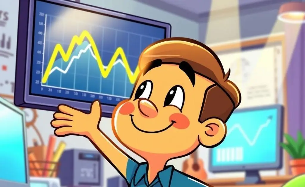 A cheerful cartoon character looking at a rising stock chart.