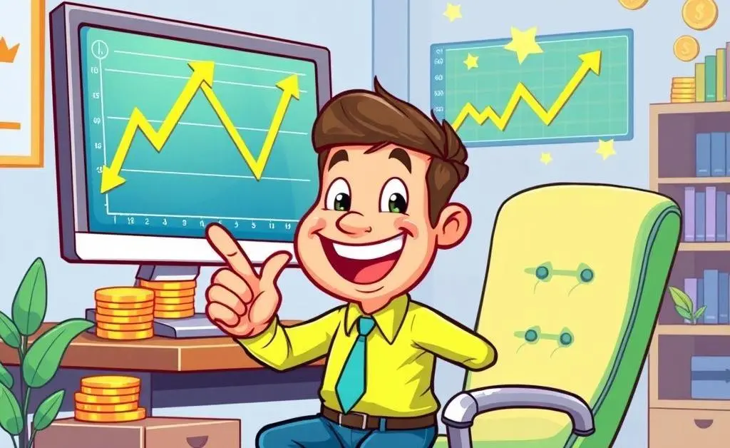 An engaging cartoon of a happy investor at a desk reviewing their investments.