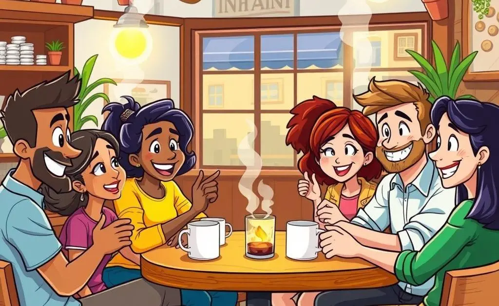 Cartoon style of people having a discussion about investments over coffee.
