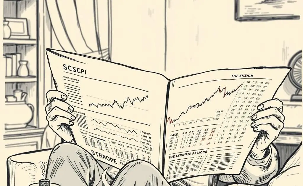 Hand-drawn image of a person relaxing in the evening with a newspaper showing rising stocks.