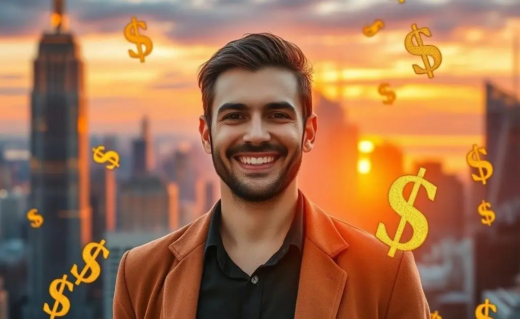 A smiling investor standing confidently in front of the New York City skyline with dollar signs around.