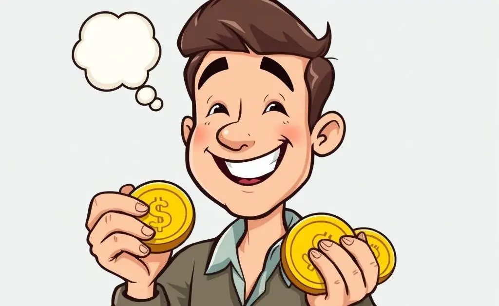 Cartoon of an investor happily holding gold coins with a thought bubble.