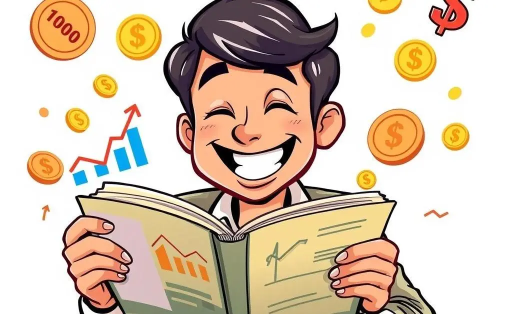 Happy investor reading a finance book and smiling