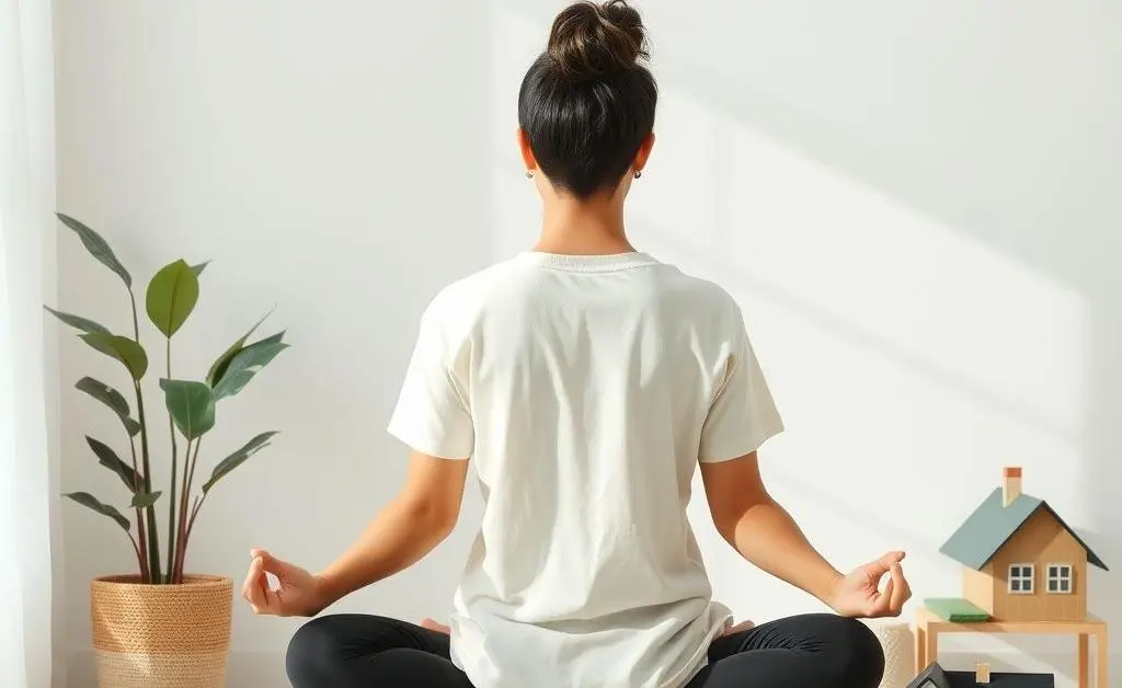 A person meditating in a calm space with a house plant and a model house