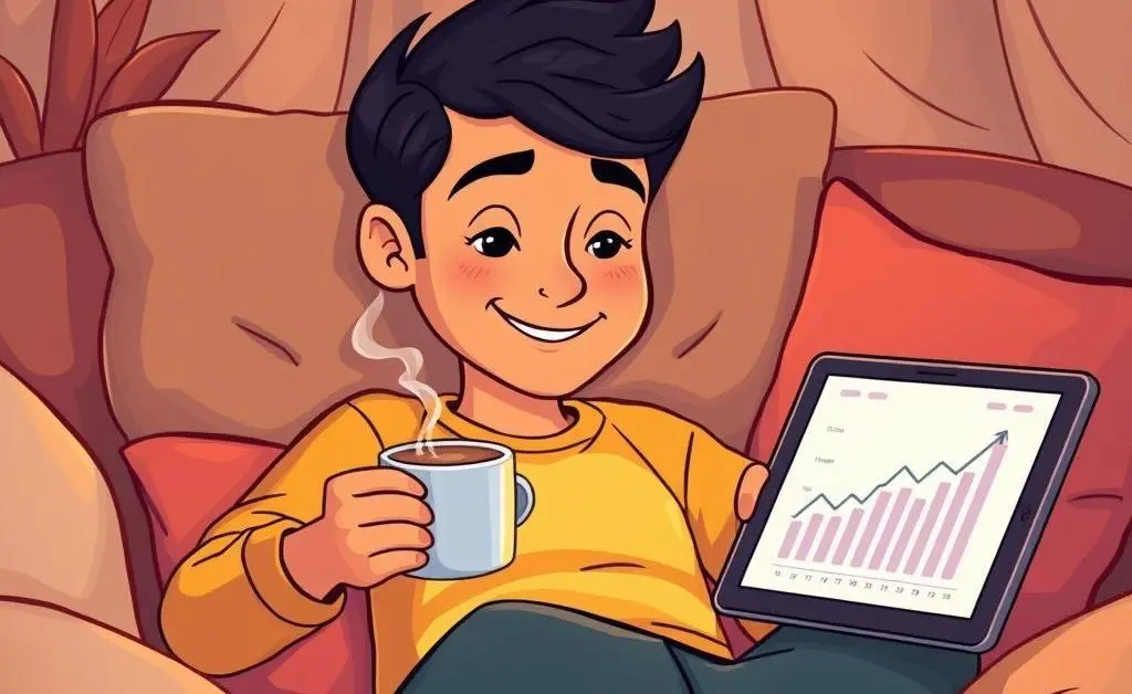 A relaxed person in a cozy setting, holding a cup of coffee and looking at growth charts on a tablet