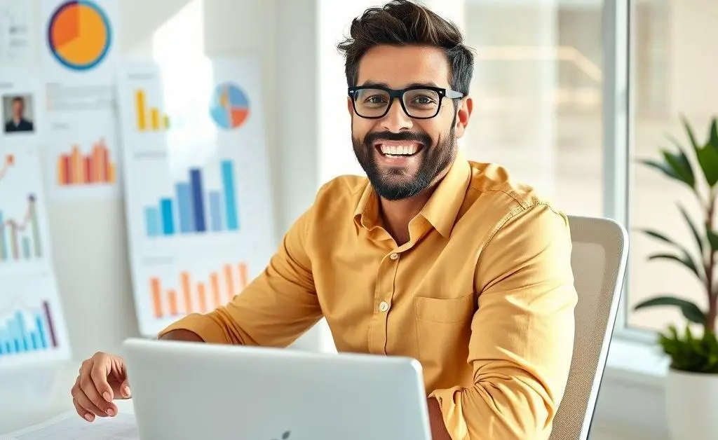 A cheerful investor smiling, surrounded by financial documents.