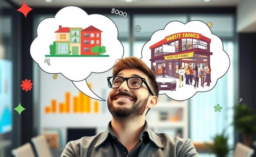 A cheerful investor envisioning different scenarios with a thought bubble: renting audience vs. selling market.