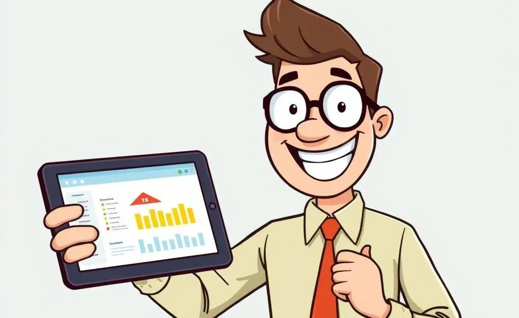 Illustration of a cheerful investor with a tablet showing a property dashboard