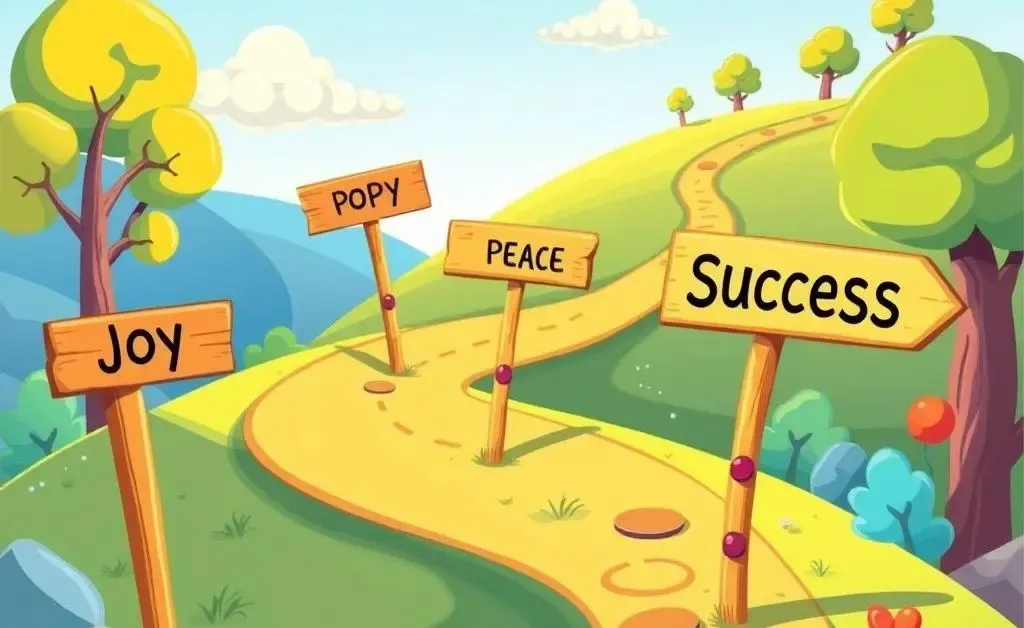 Cartoon-style roadmap with signs pointing to Joy, Peace, and Success.