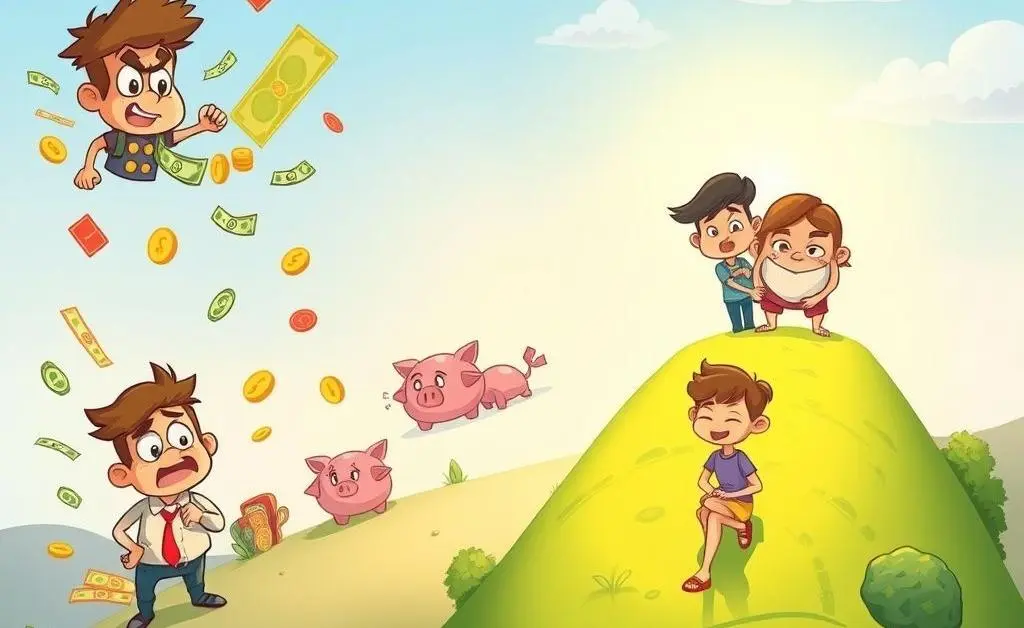 Characters transforming from stressed to relaxed through savings in a cartoon journey.