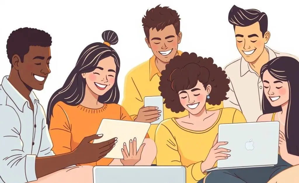 People happily studying online together.