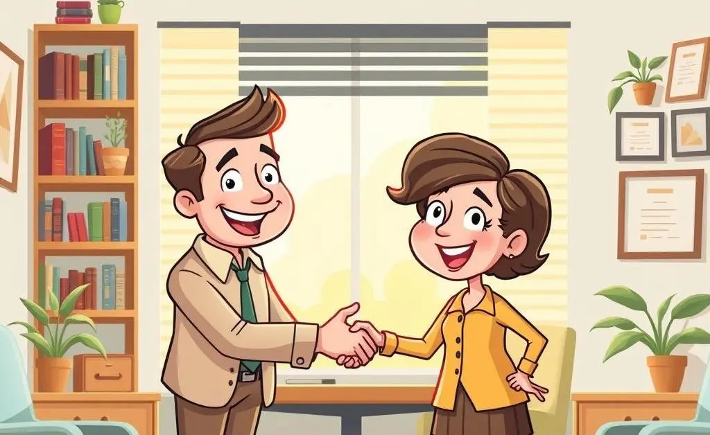 A cartoon style image showing a happy lender shaking hands with a borrower in a cozy office environment