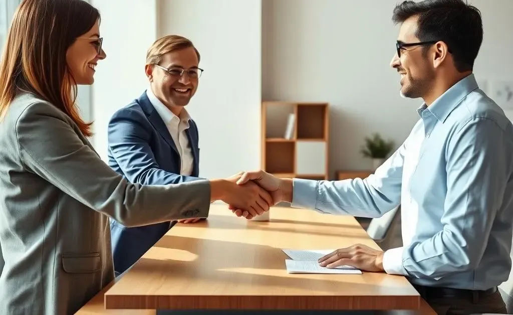 Friendly meeting between a lender and borrower shaking hands over a desk.