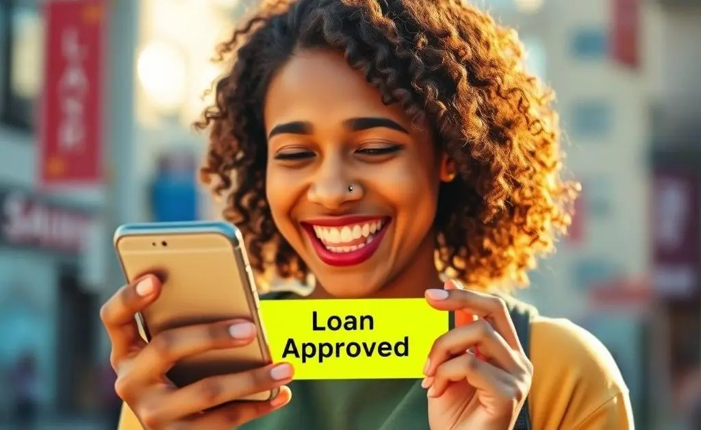 A joyful character receiving a 'Loan Approved' notification on their smartphone