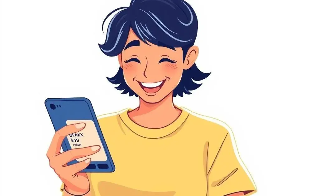Modern illustration of a happy person checking their account on a smartphone.