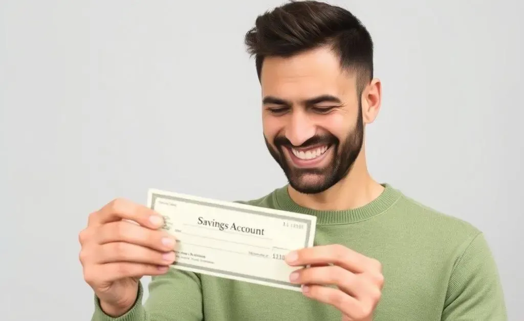 A man smiling as he checks his savings account, illustrating financial relief.