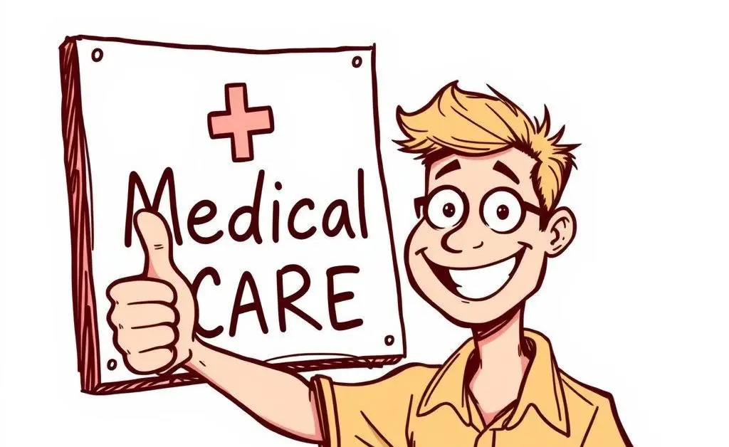 A happy man with a Medical Care sign