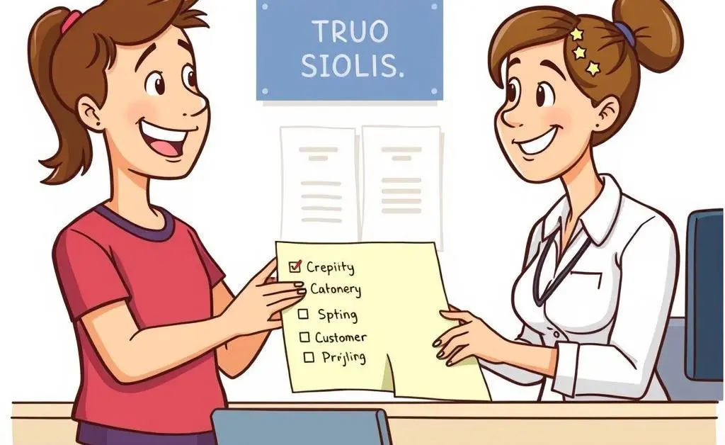 Cartoon depiction of a happy credit union member discussing options with a customer service representative.