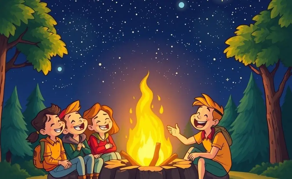Friends laughing around a campfire under a starry night sky.