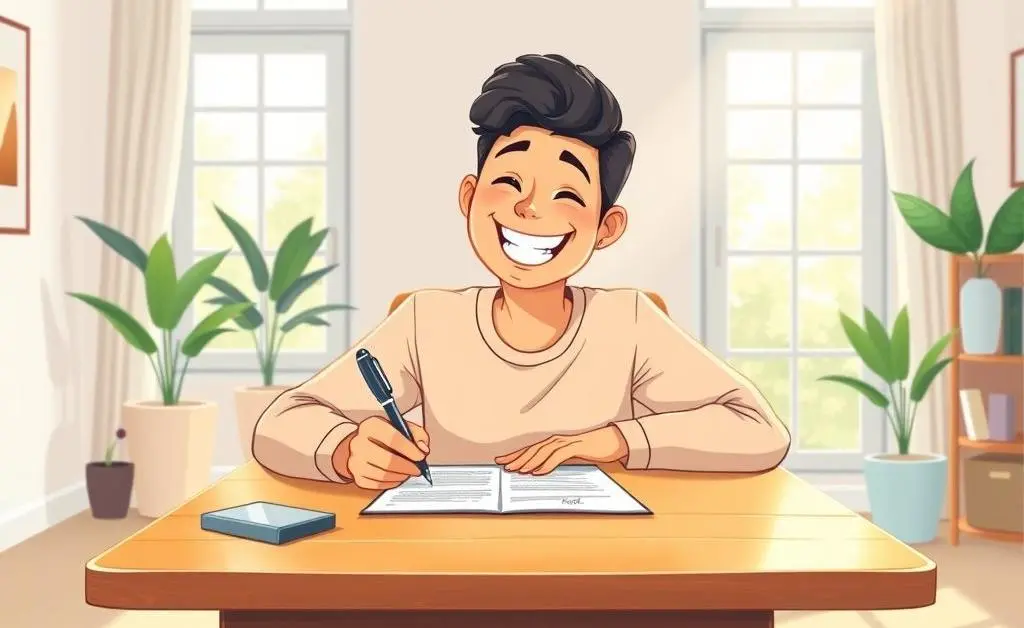 Illustration of a cheerful person signing mortgage documents with relief.