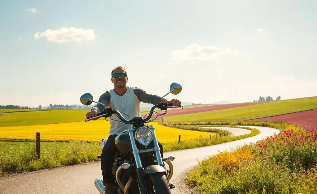 Cheerful motorcyclist riding through a sunny landscape.