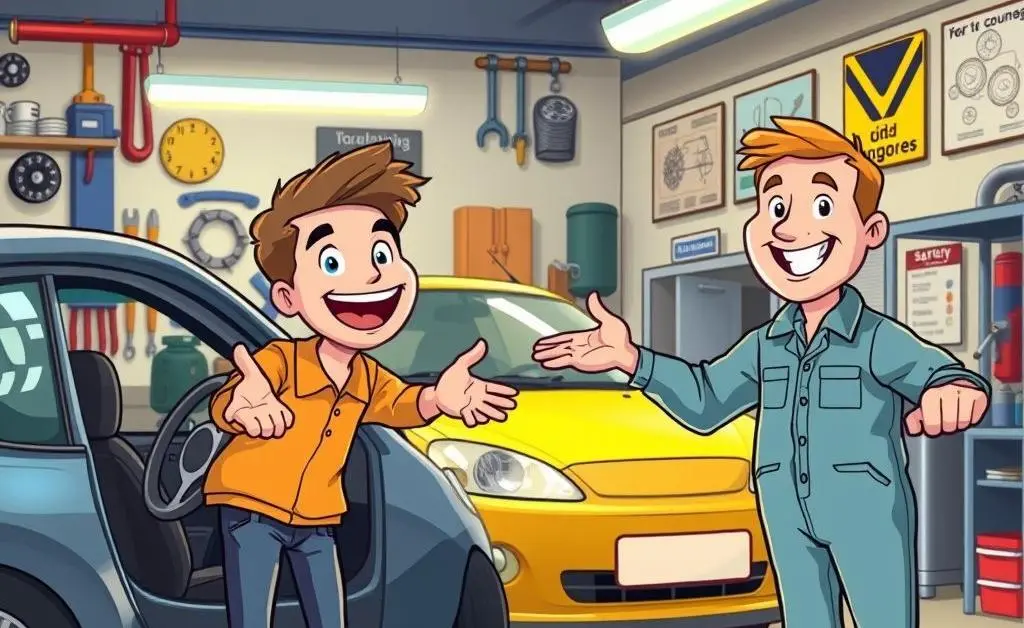 Happy motorist receiving a repaired car from a mechanic