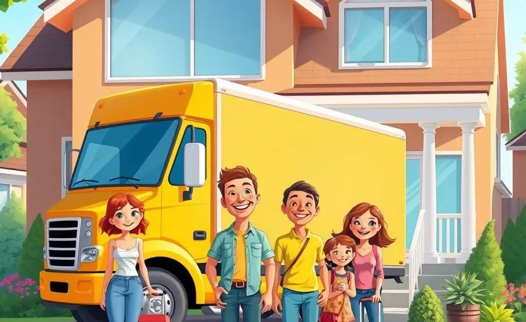 A cheerful, cartoon-style image of a family with a moving truck in front of their new house