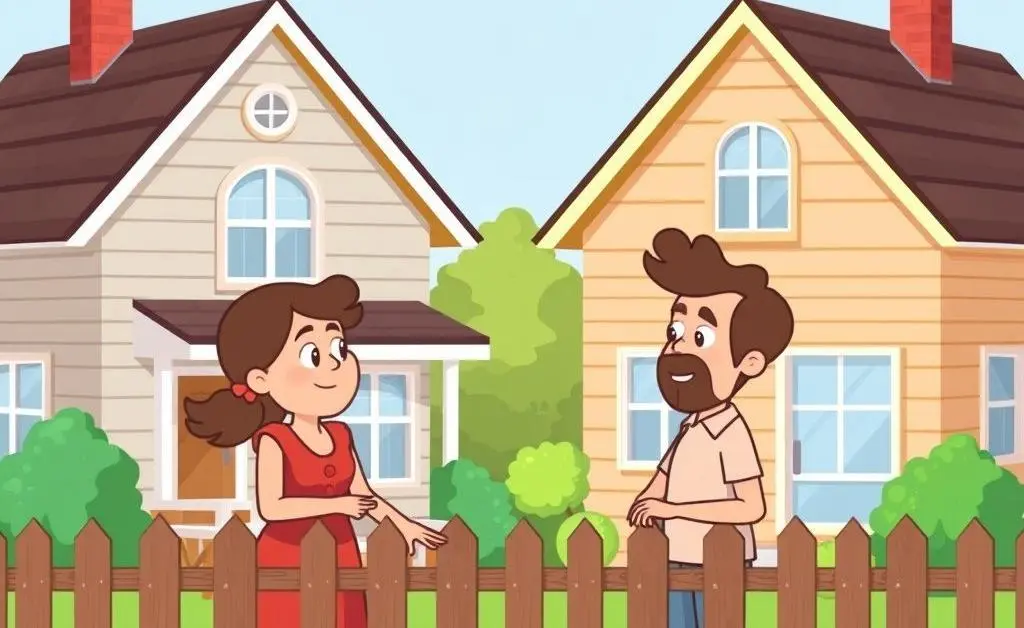 Cartoon-style image of neighbors chatting happily over a fence