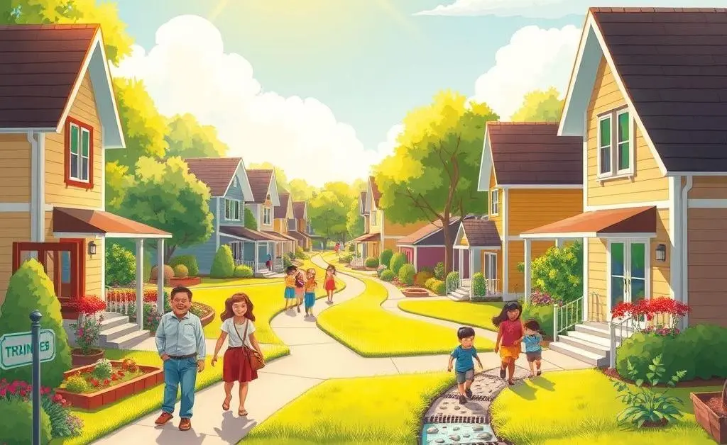 A well-managed neighborhood with neighbors enjoying the day.
