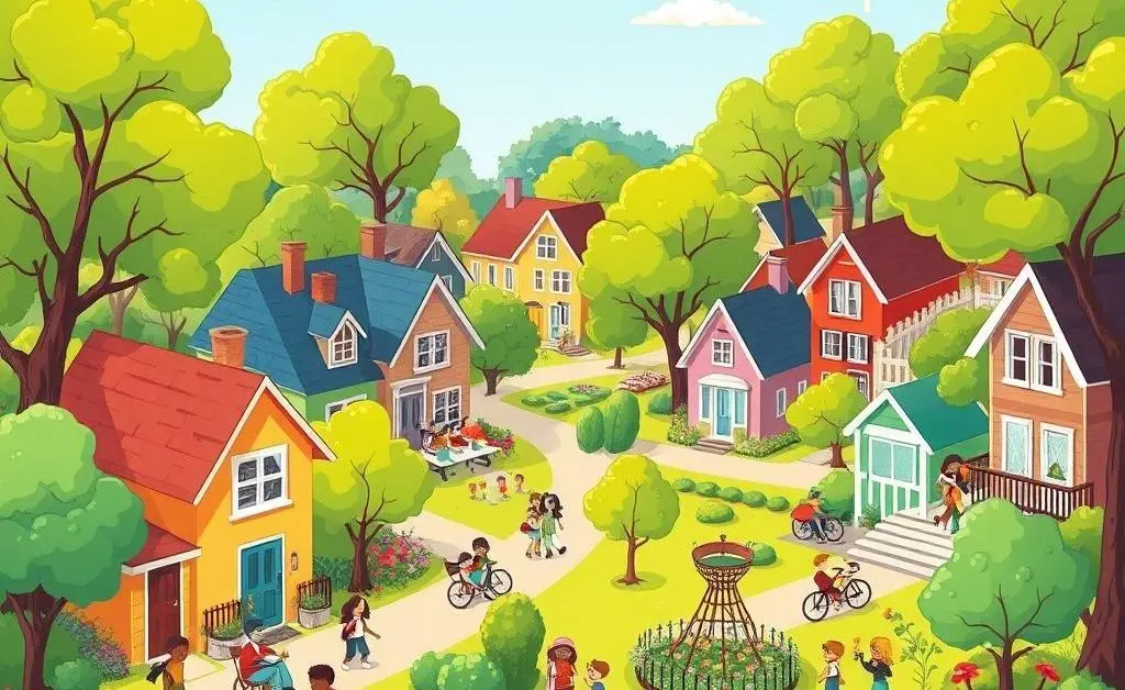 A vibrant, cartoon-style image of a happy neighborhood with community activities and greenery.