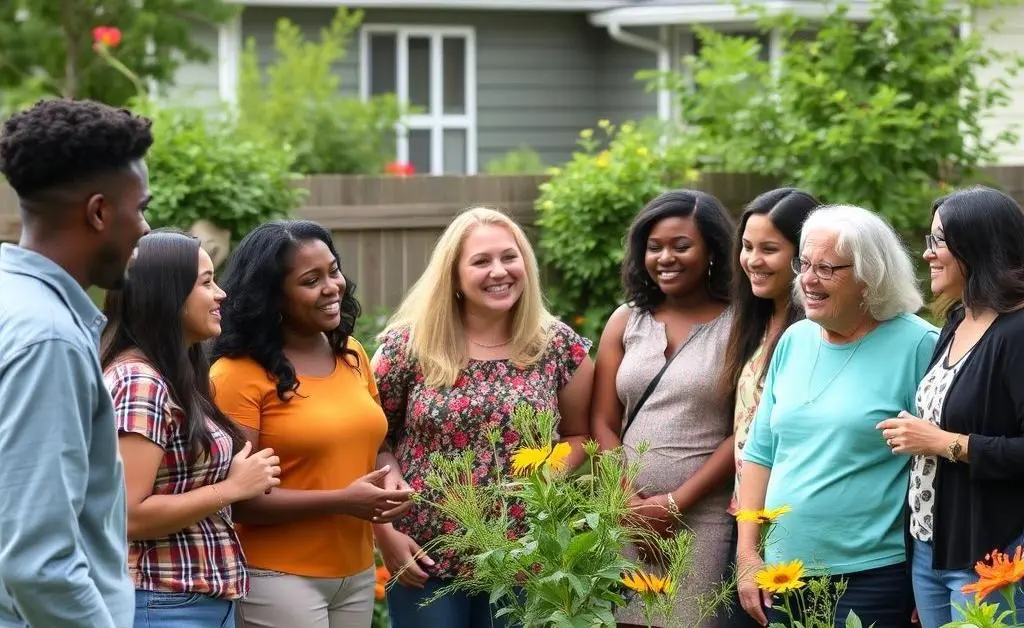 A diverse group of neighbors feeling excited about the upcoming fiber internet, chatting and smiling in a garden.