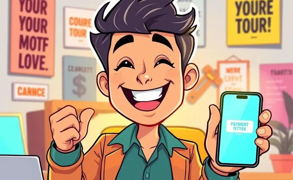 A cartoon of a happy entrepreneur receiving a payment notification on their phone