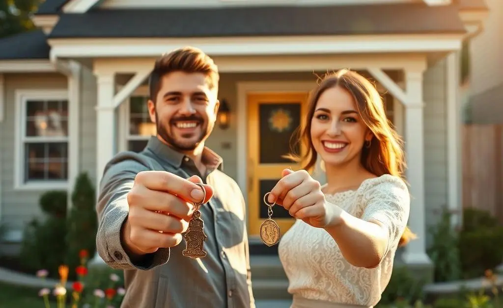 A happy couple holding keys in front of their new home, looking pleased and accomplished.