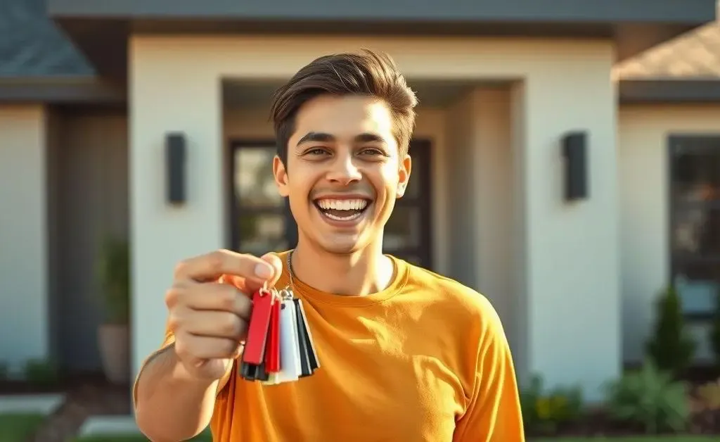 A cheerful person holding a set of house keys with a jubilant expression, standing in front of a new home.