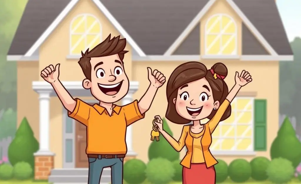 A cartoon couple happily holding keys inside their new home