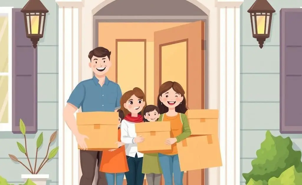 Illustration of a joyful family standing in the doorway of their new home with moving boxes.