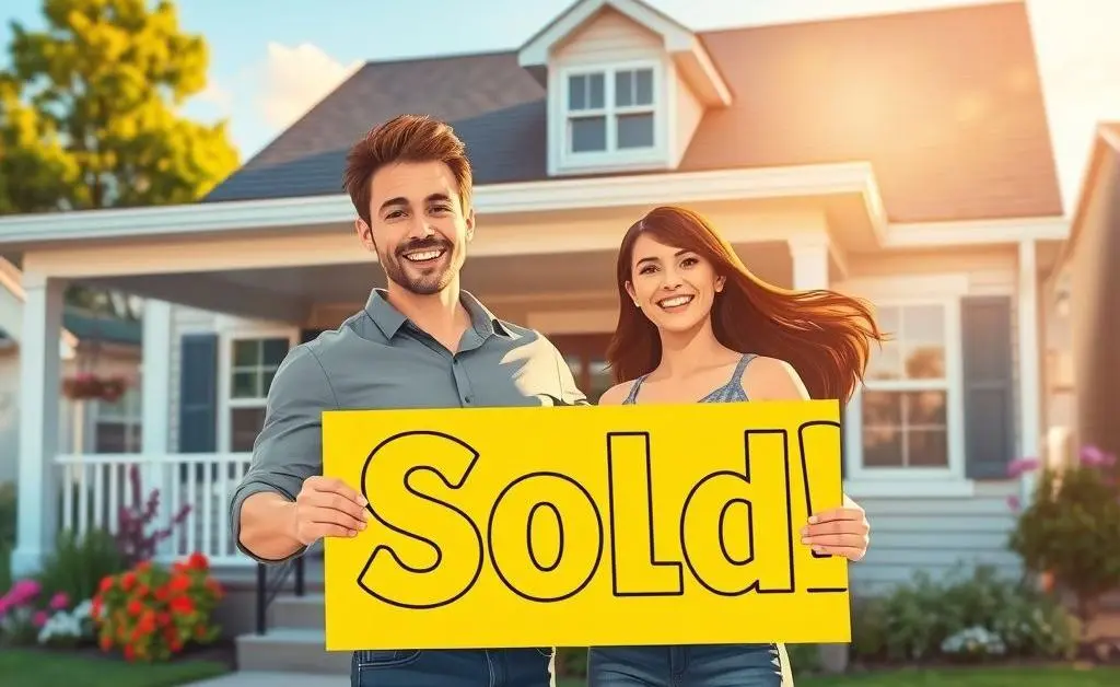Illustration of a happy new homeowner standing in front of their house with a sign that says 'Closed!'